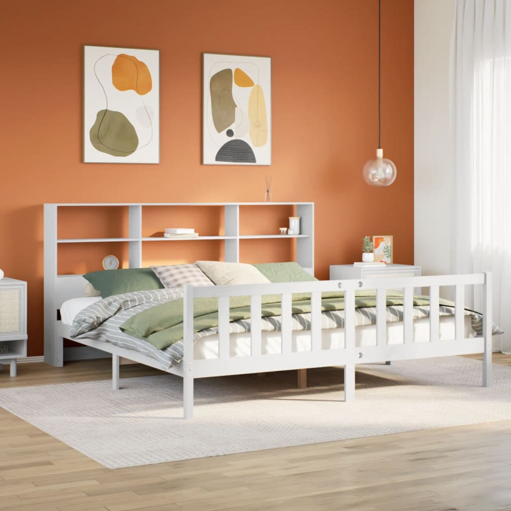 fehér tömör fenyőfa könyvespolcos ágy matrac nélkül 180x200 cm