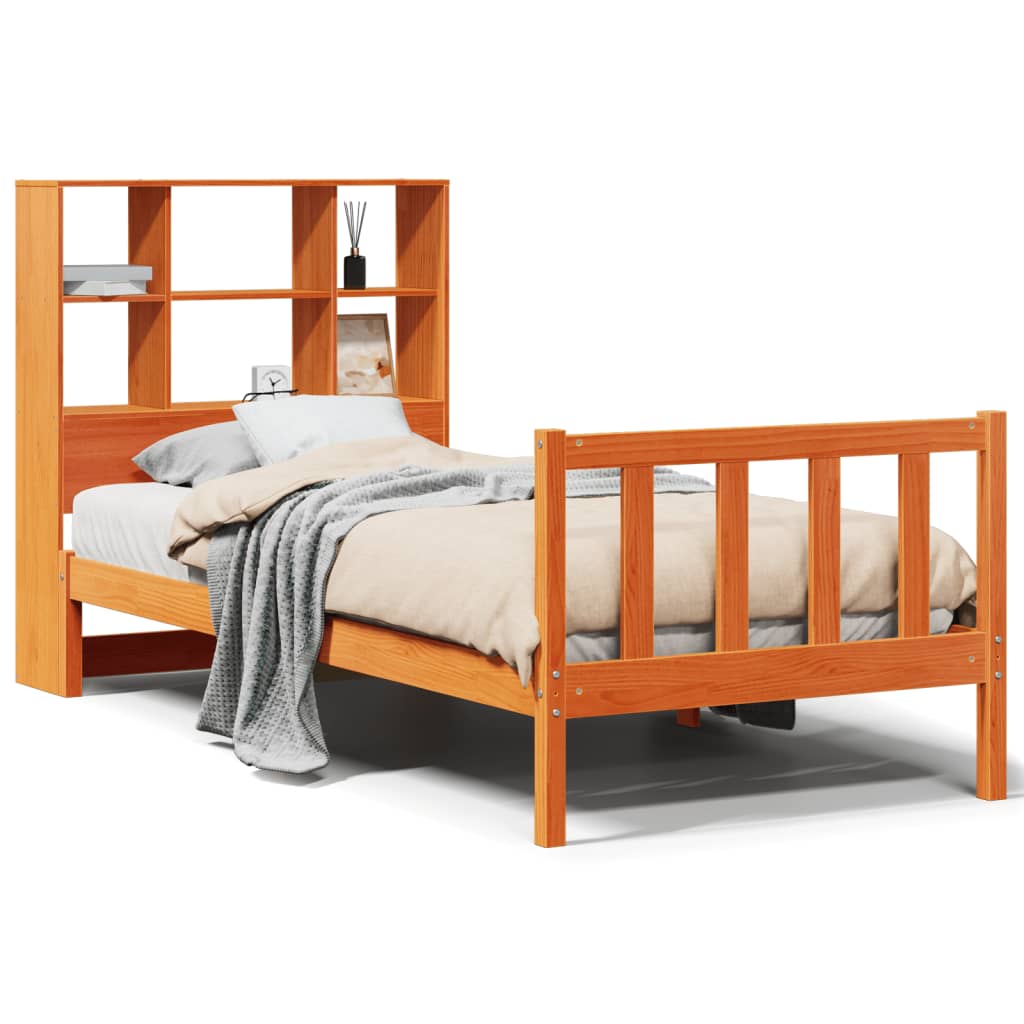 barna tömör fenyőfa könyvespolcos ágy matrac nélkül 75 x 190 cm