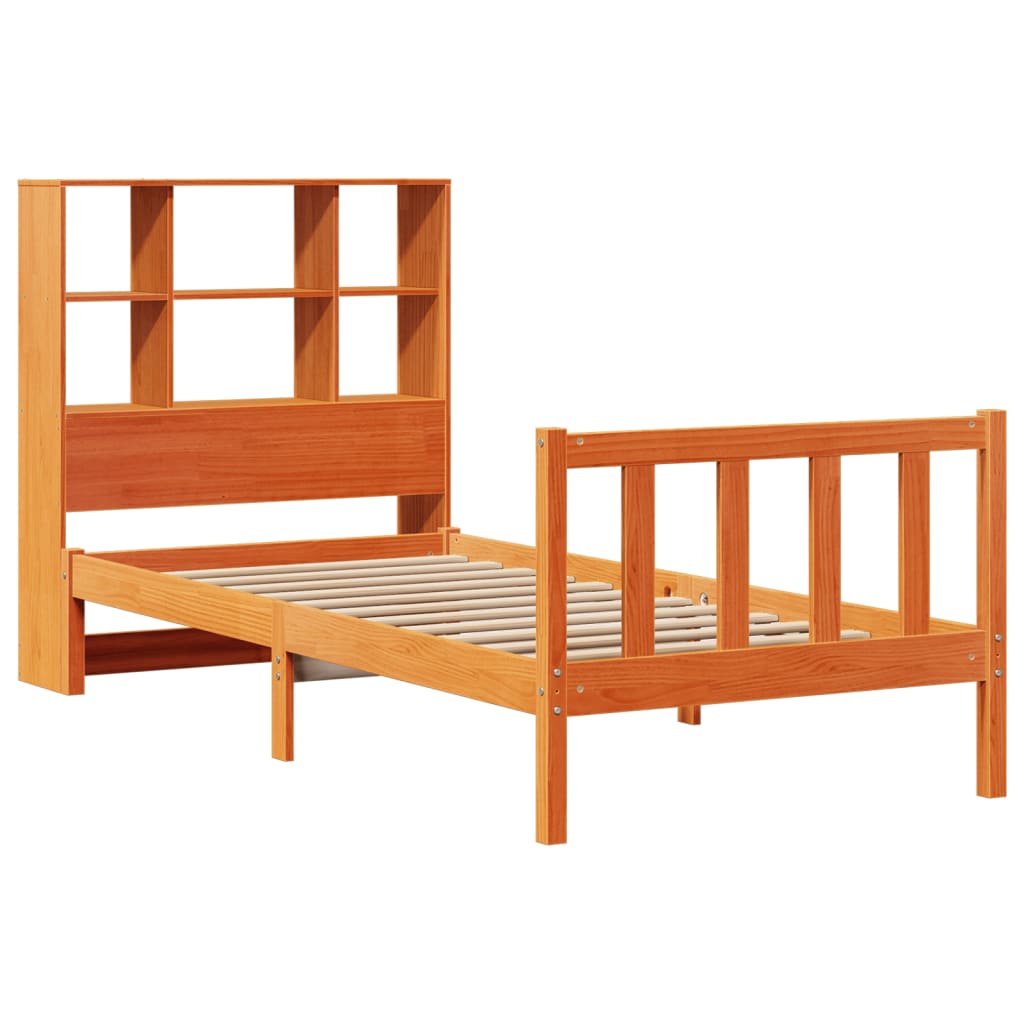 barna tömör fenyőfa könyvespolcos ágy matrac nélkül 75 x 190 cm