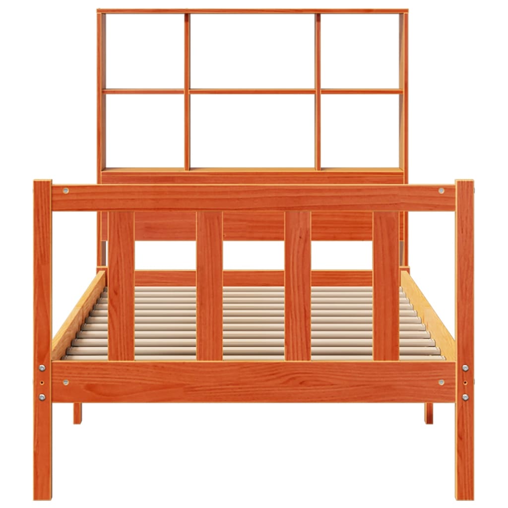 barna tömör fenyőfa könyvespolcos ágy matrac nélkül 75 x 190 cm