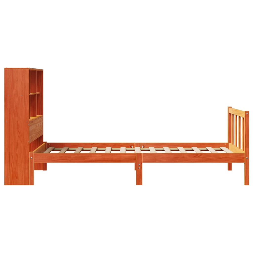 barna tömör fenyőfa könyvespolcos ágy matrac nélkül 75 x 190 cm