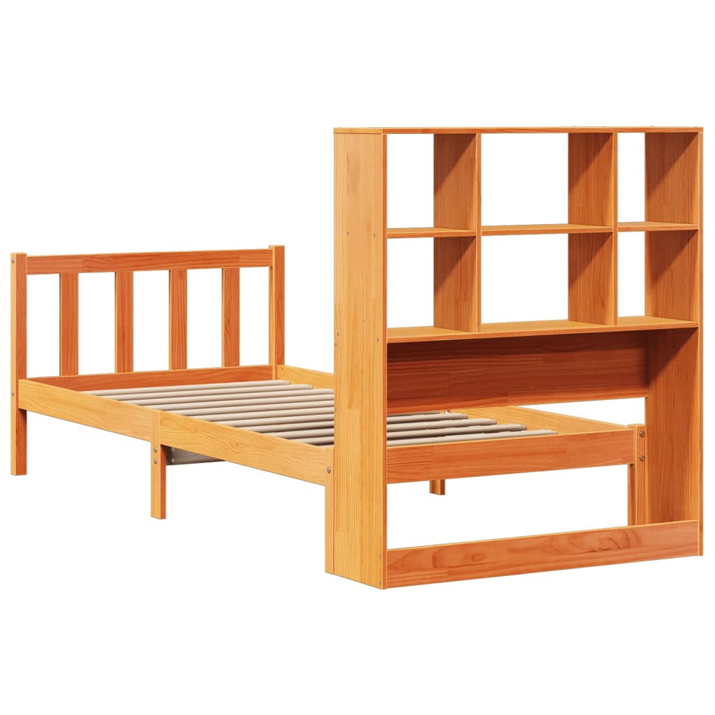 barna tömör fenyőfa könyvespolcos ágy matrac nélkül 75 x 190 cm