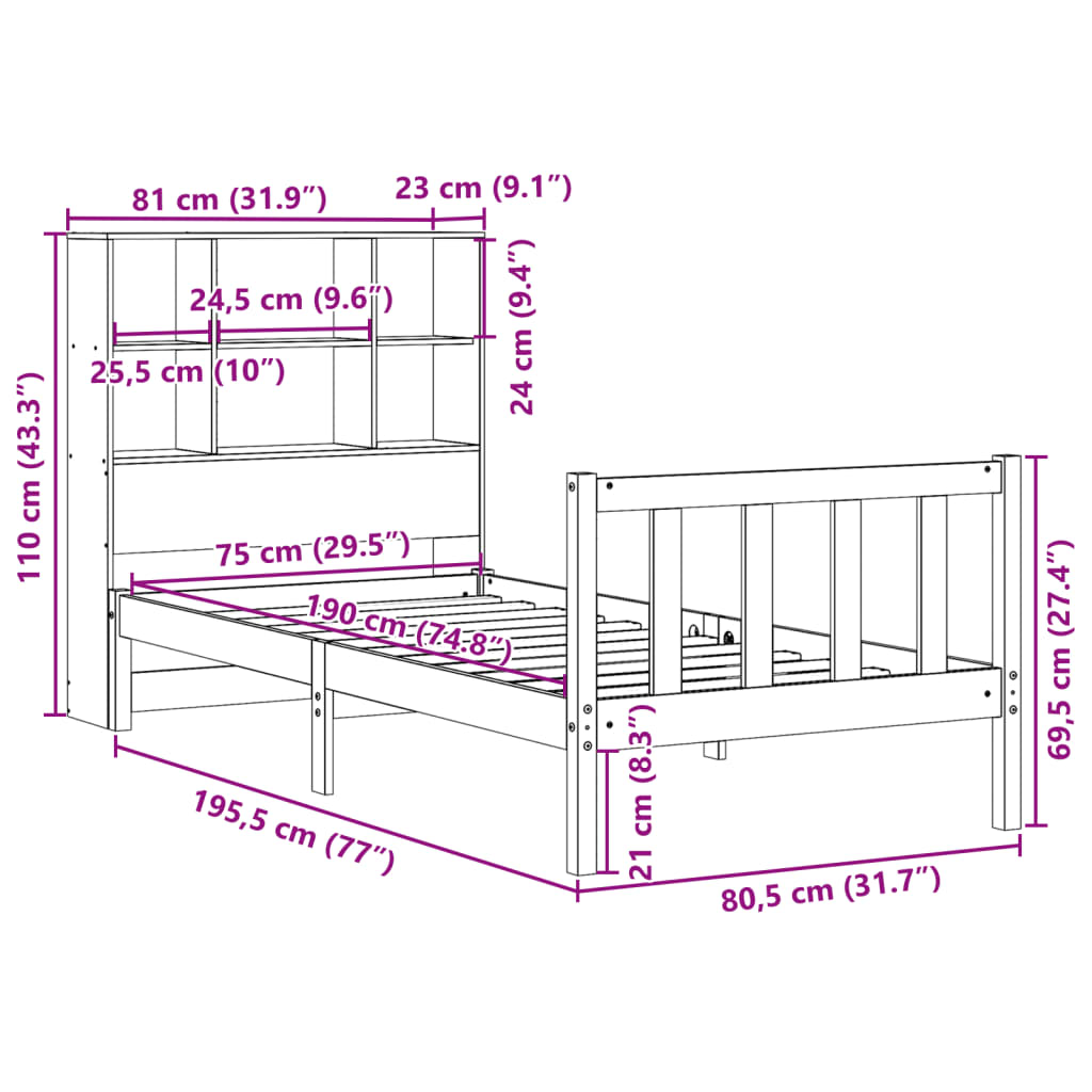 barna tömör fenyőfa könyvespolcos ágy matrac nélkül 75 x 190 cm