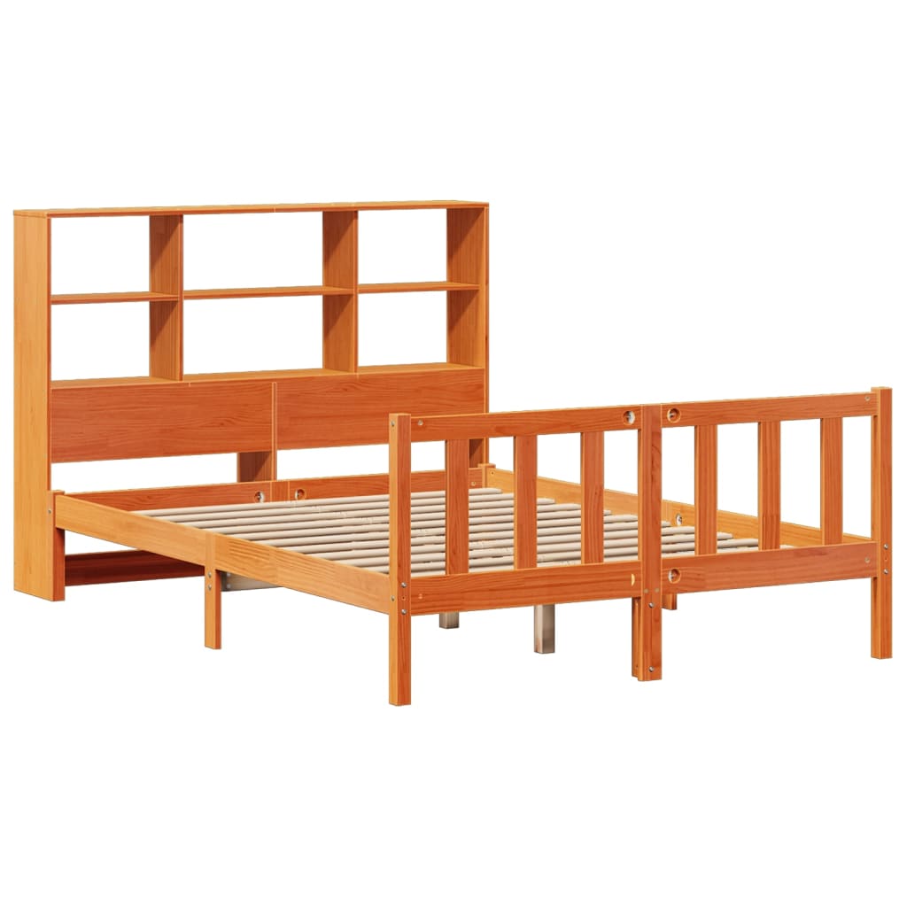 barna tömör fenyőfa könyvespolcos ágy matrac nélkül 135 x 190cm
