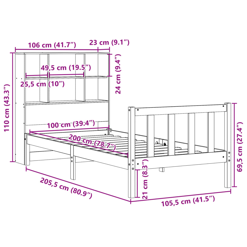 barna tömör fenyőfa könyvespolcos ágy matrac nélkül 100 x 200cm