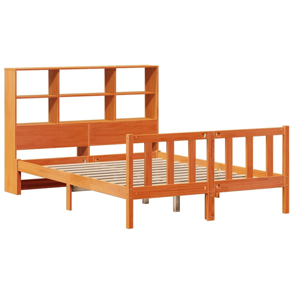 barna tömör fenyőfa könyvespolcos ágy matrac nélkül 140 x 200cm