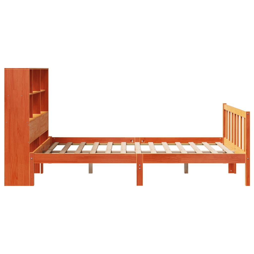 barna tömör fenyőfa könyvespolcos ágy matrac nélkül 150 x 200cm