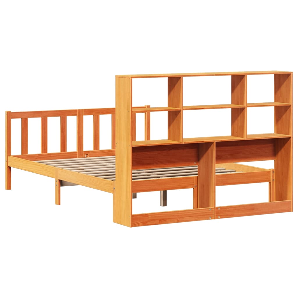 barna tömör fenyőfa könyvespolcos ágy matrac nélkül 150 x 200cm
