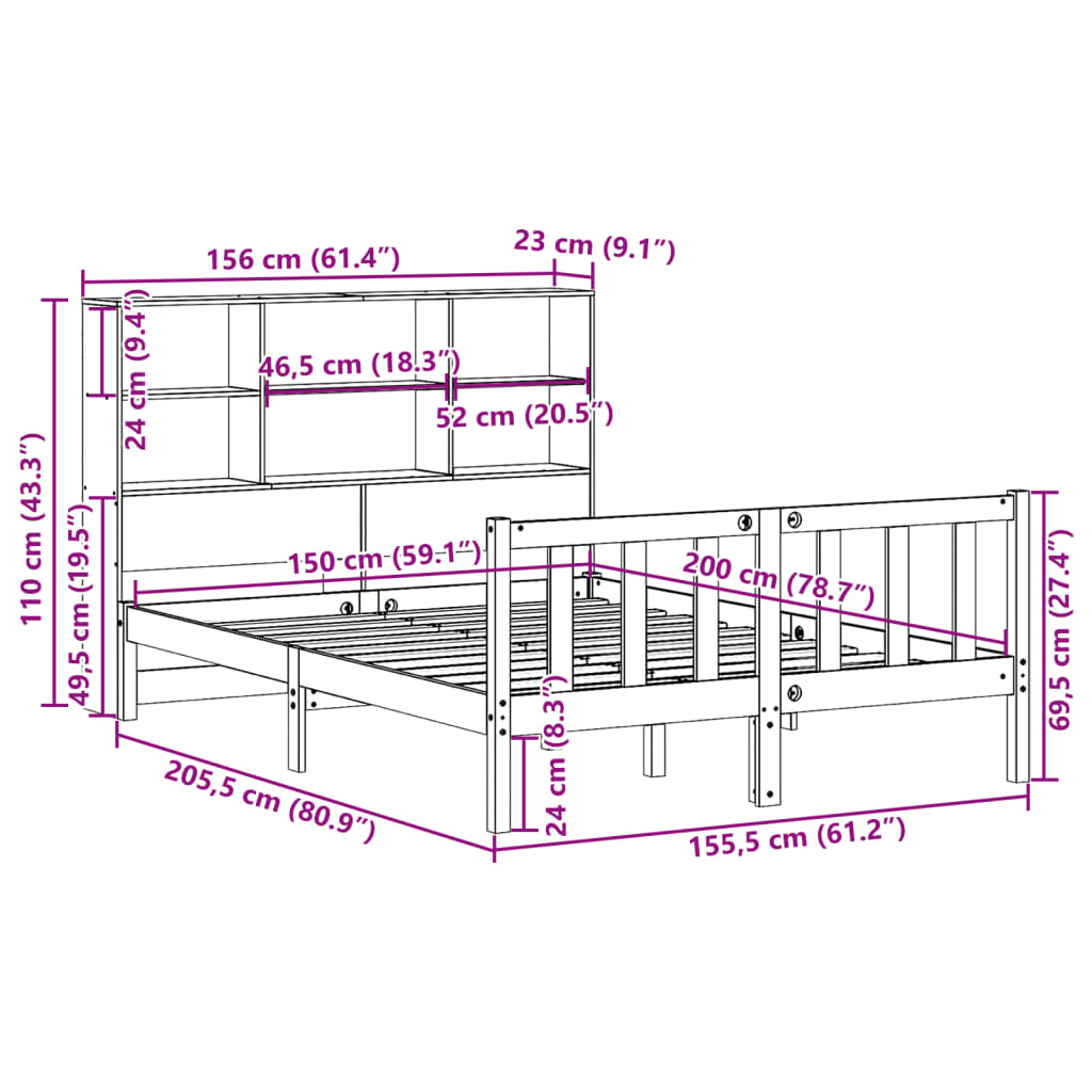 barna tömör fenyőfa könyvespolcos ágy matrac nélkül 150 x 200cm