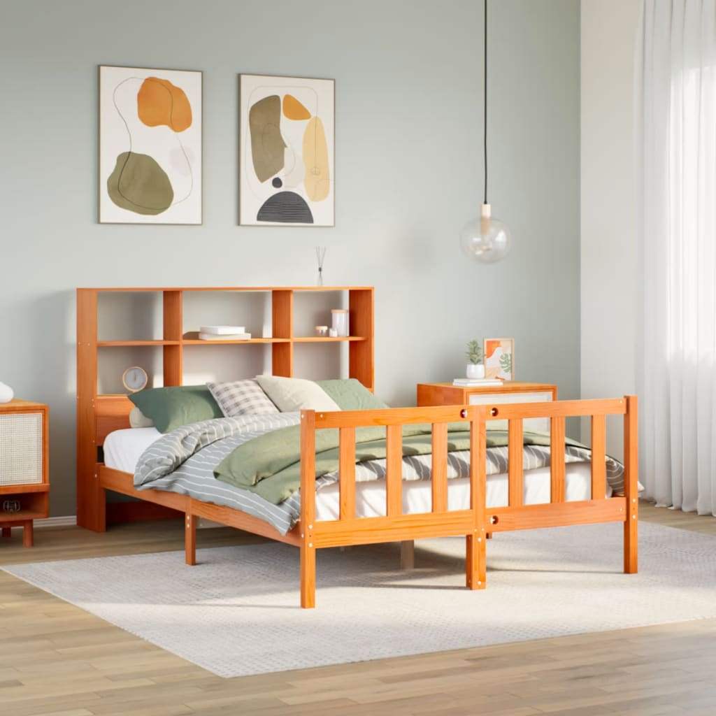 barna tömör fenyőfa könyvespolcos ágy matrac nélkül 150 x 200cm