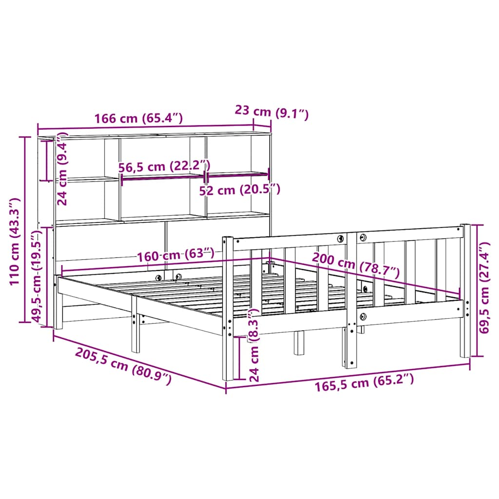 barna tömör fenyőfa könyvespolcos ágy matrac nélkül 160 x 200cm