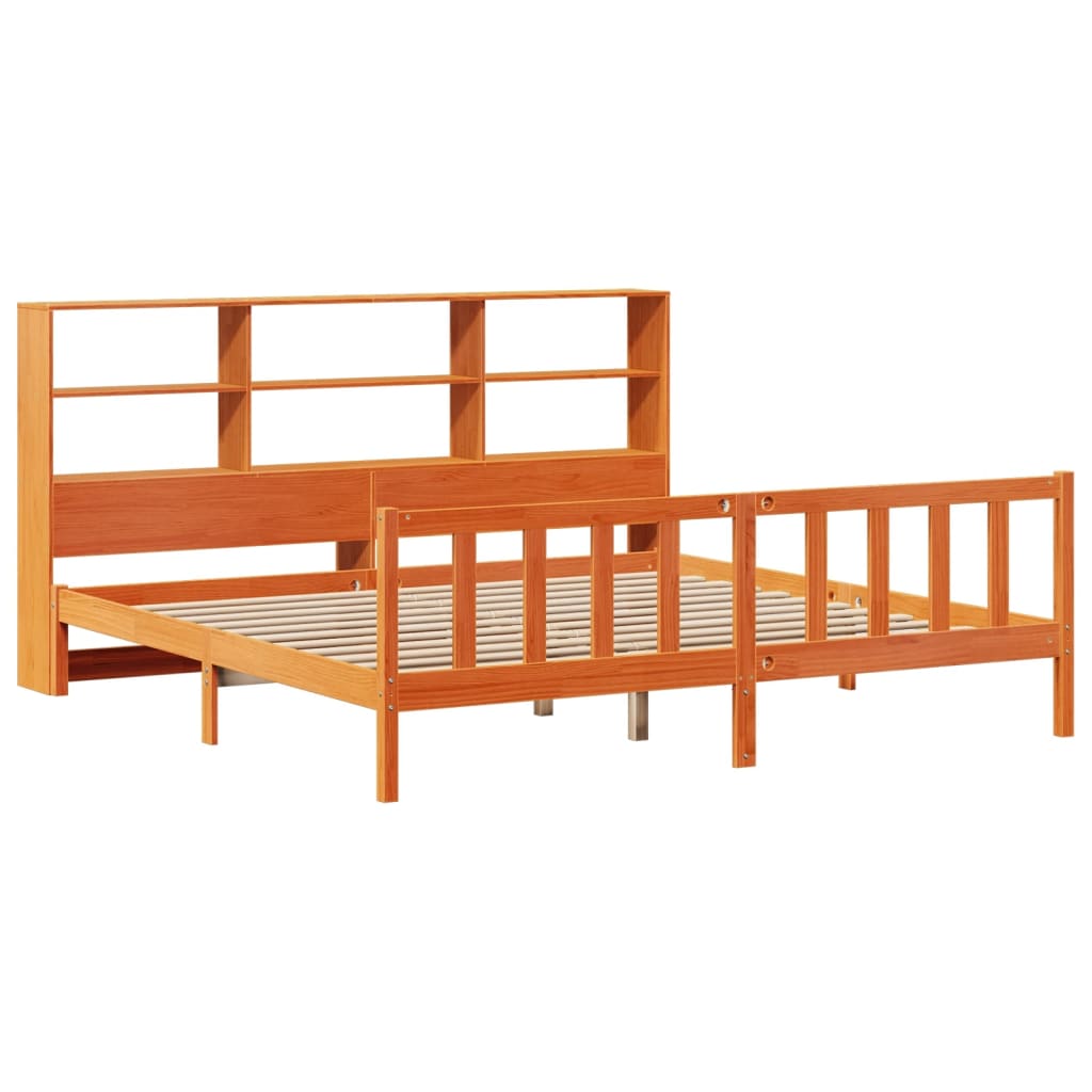 barna tömör fenyőfa könyvespolcos ágy matrac nélkül 180 x 200cm
