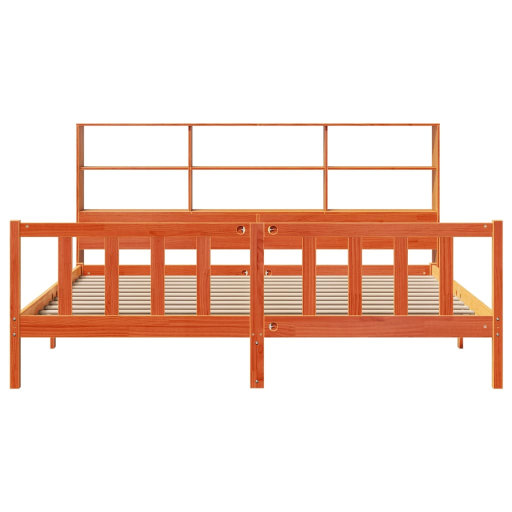 barna tömör fenyőfa könyvespolcos ágy matrac nélkül 180 x 200cm