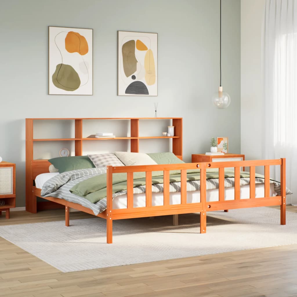 barna tömör fenyőfa könyvespolcos ágy matrac nélkül 180 x 200cm