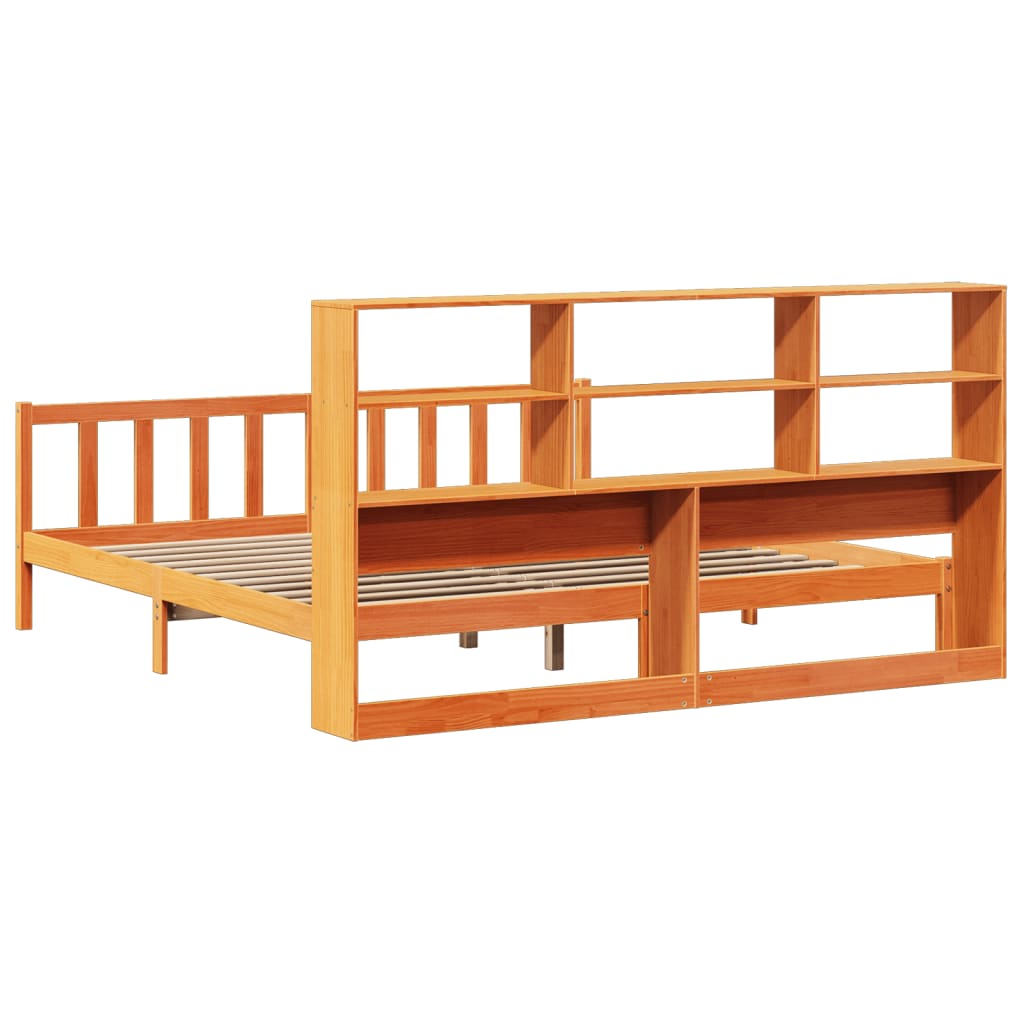barna tömör fenyőfa könyvespolcos ágy matrac nélkül 200 x 200cm