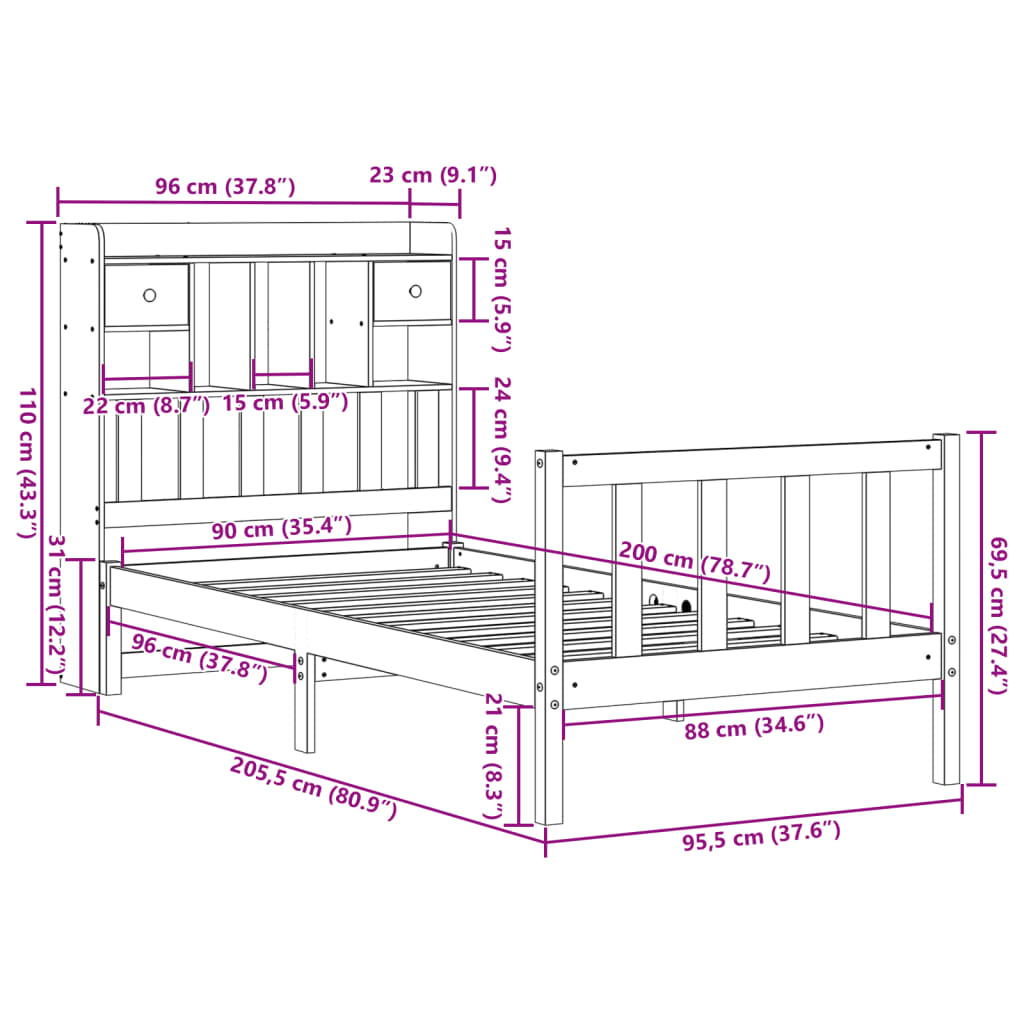 tömör fenyőfa könyvespolcos ágy matrac nélkül 90 x 200 cm
