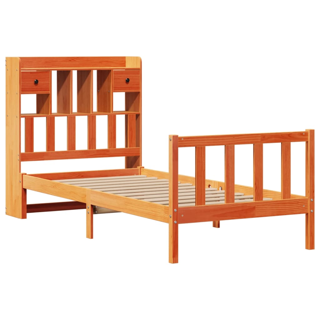 barna tömör fenyőfa könyvespolcos ágy matrac nélkül 100 x 200cm