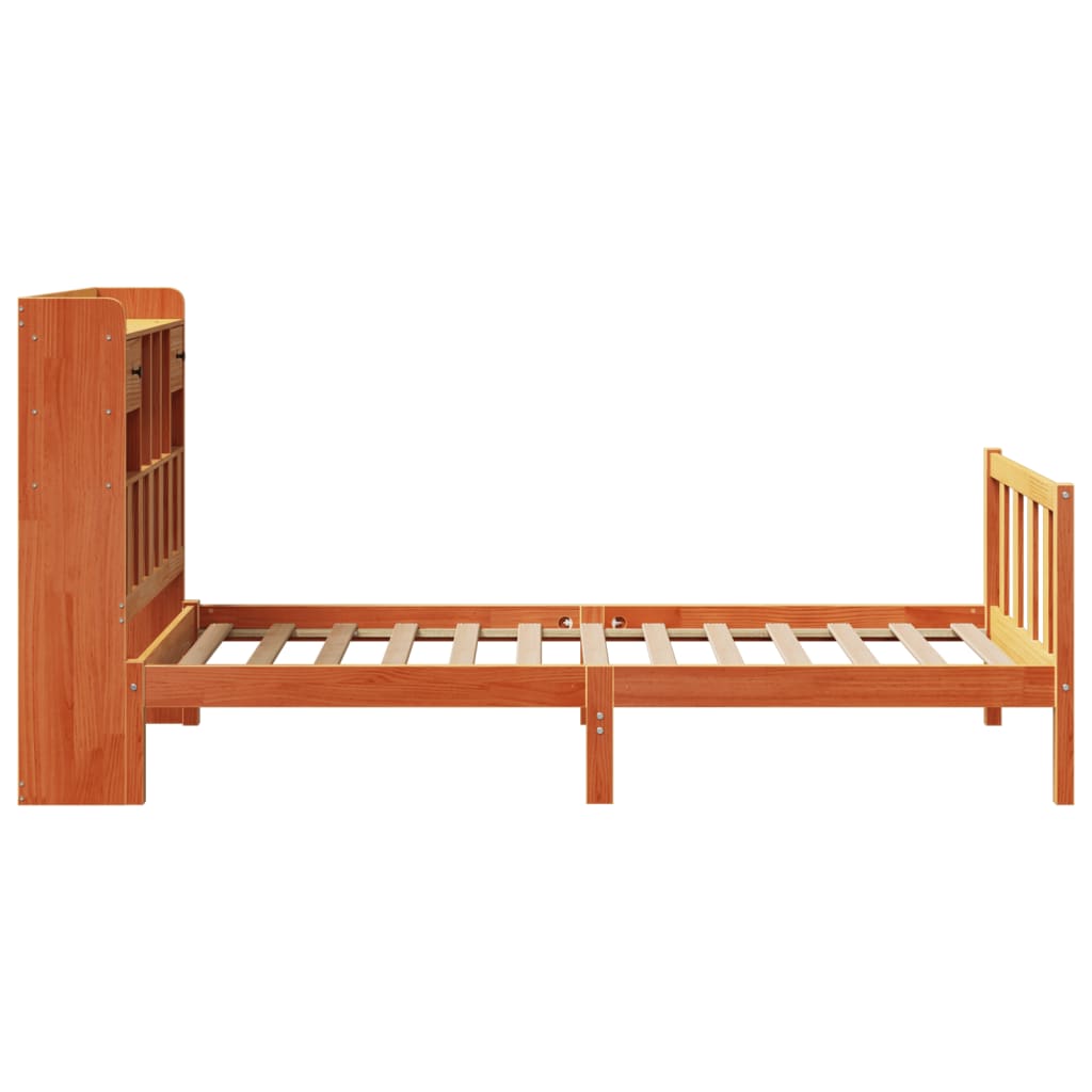 barna tömör fenyőfa könyvespolcos ágy matrac nélkül 100 x 200cm