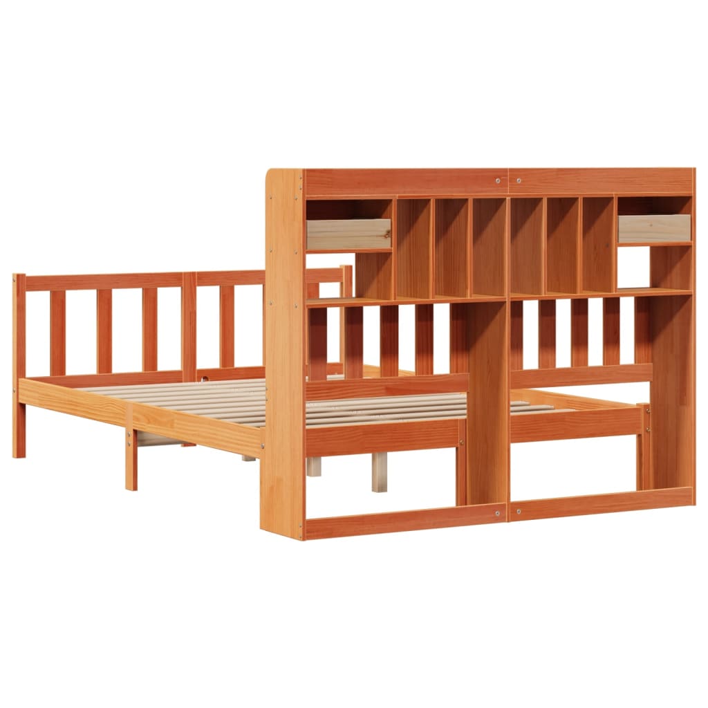 barna tömör fenyőfa könyvespolcos ágy matrac nélkül 150 x 200cm