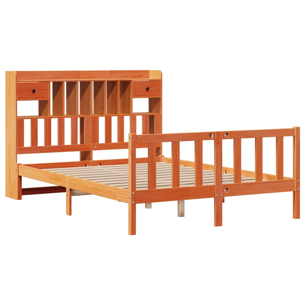 barna tömör fenyőfa könyvespolcos ágy matrac nélkül 160 x 200cm