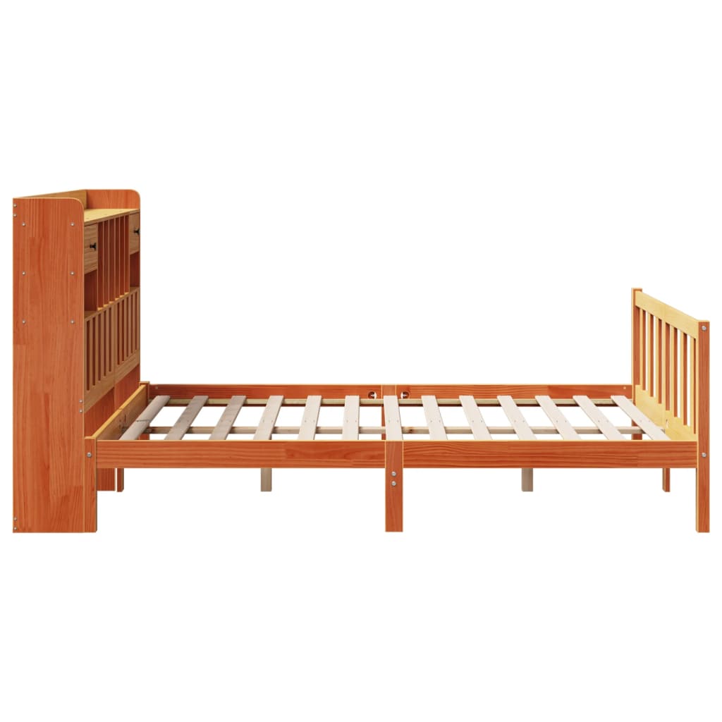 barna tömör fenyőfa könyvespolcos ágy matrac nélkül 160 x 200cm