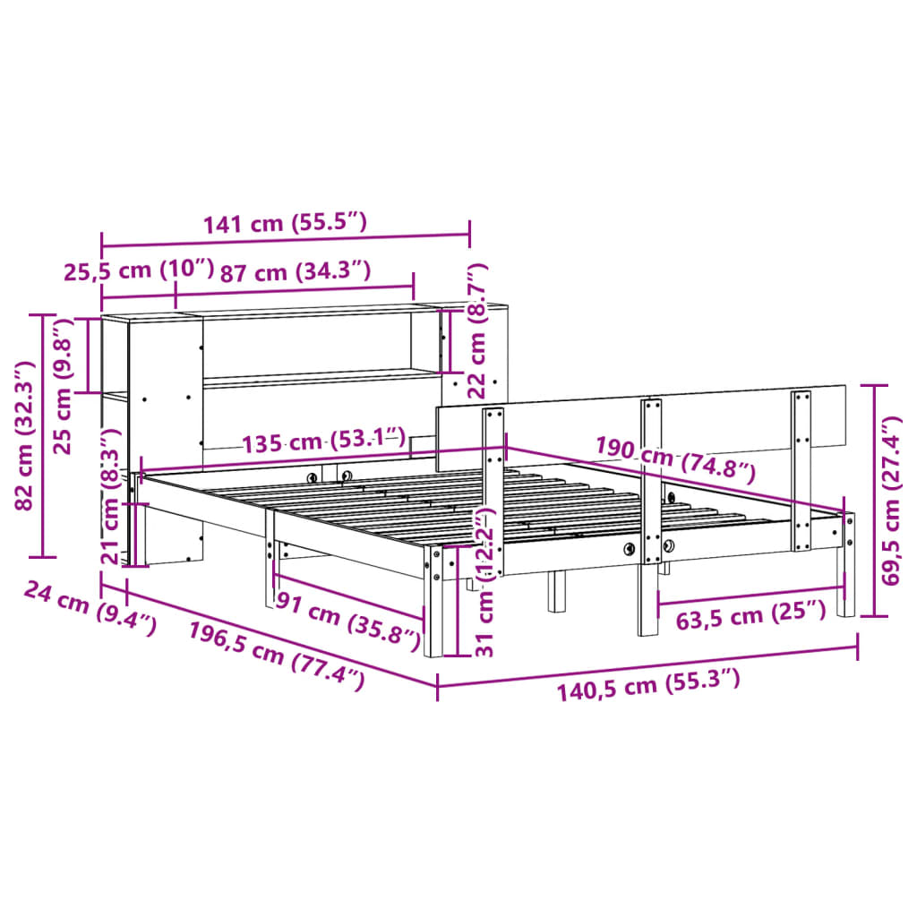 fehér tömör fenyőfa könyvespolcos ágy matrac nélkül 135x190 cm