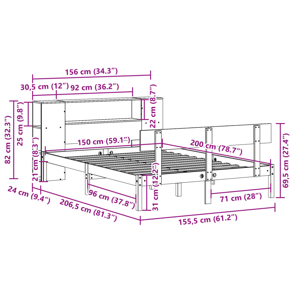fehér tömör fenyőfa könyvespolcos ágy matrac nélkül 150x200 cm