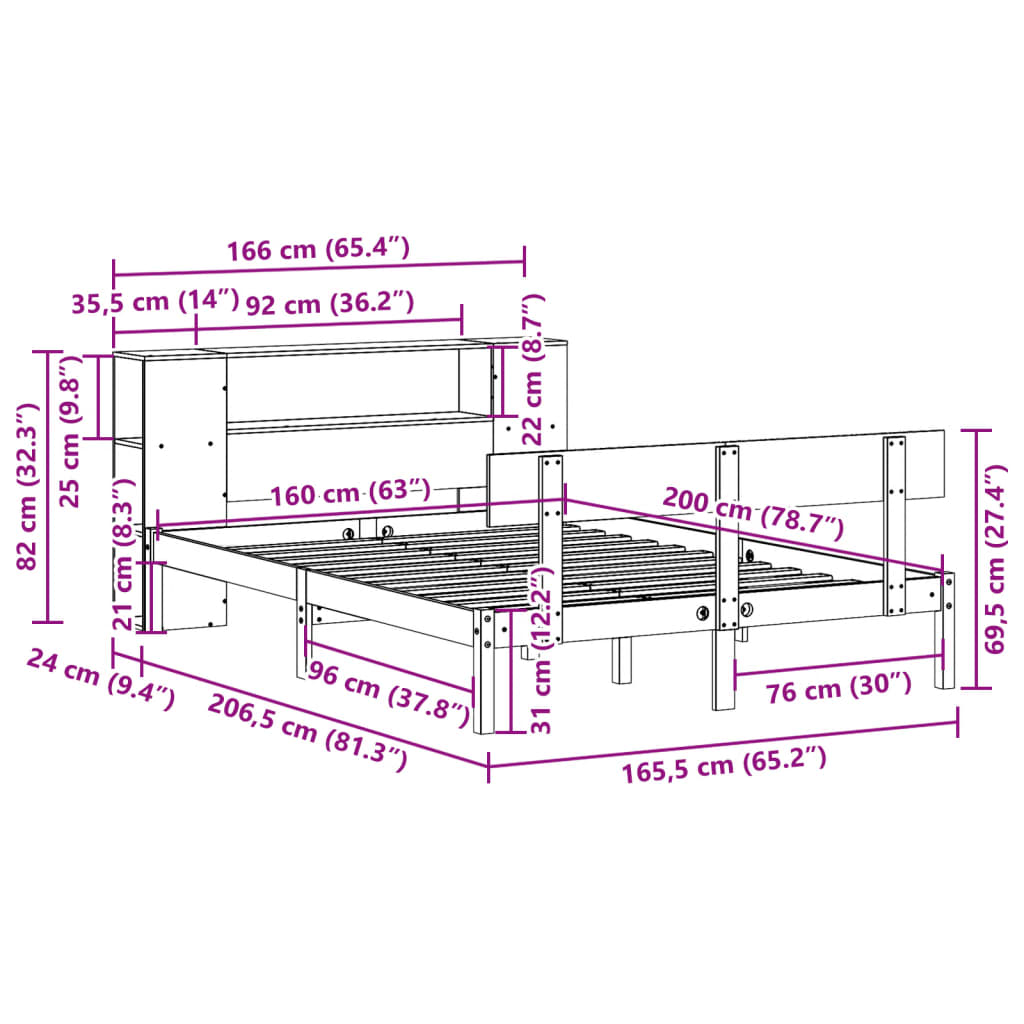 fehér tömör fenyőfa könyvespolcos ágy matrac nélkül 160x200 cm