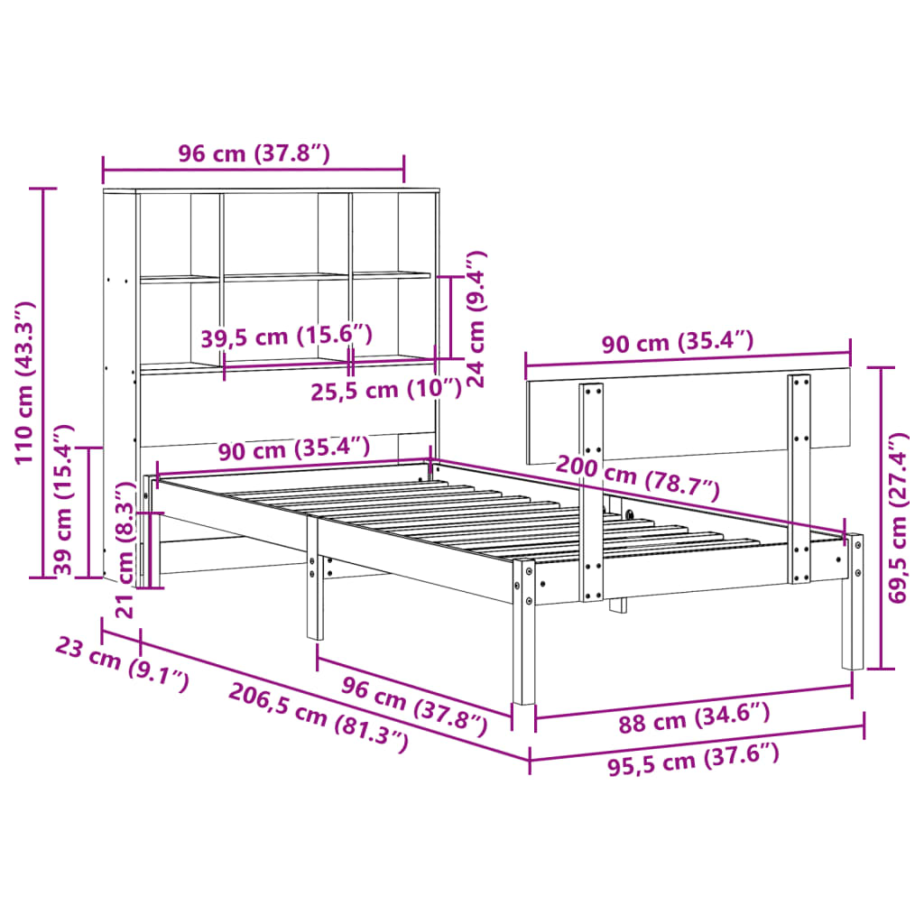 tömör fenyőfa könyvespolcos ágy matrac nélkül 90 x 200 cm