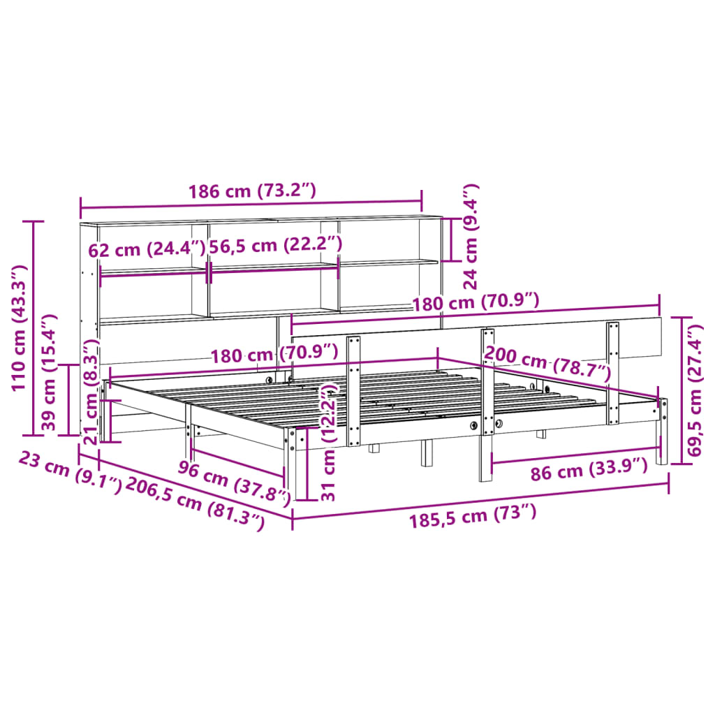 fehér tömör fenyőfa könyvespolcos ágy matrac nélkül 180x200 cm