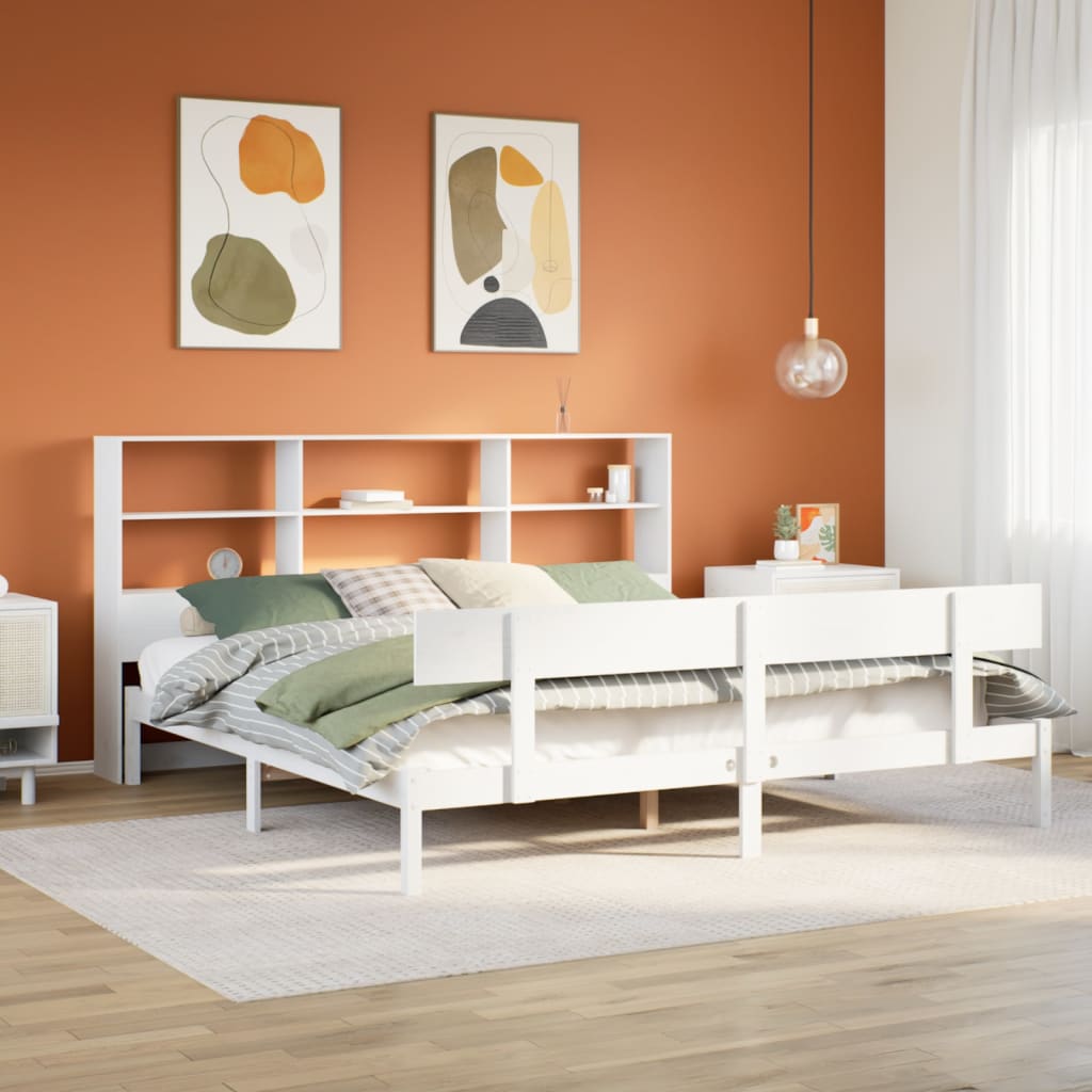 fehér tömör fenyőfa könyvespolcos ágy matrac nélkül 180x200 cm