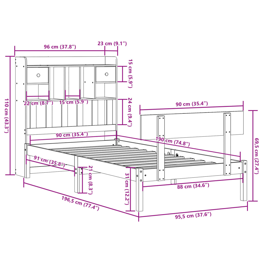fehér tömör fenyőfa könyvespolcos ágy matrac nélkül 90 x 190 cm