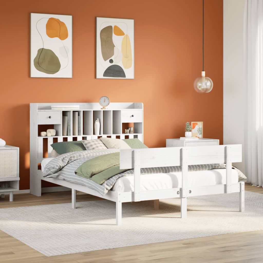 fehér tömör fenyőfa könyvespolcos ágy matrac nélkül 150x200 cm
