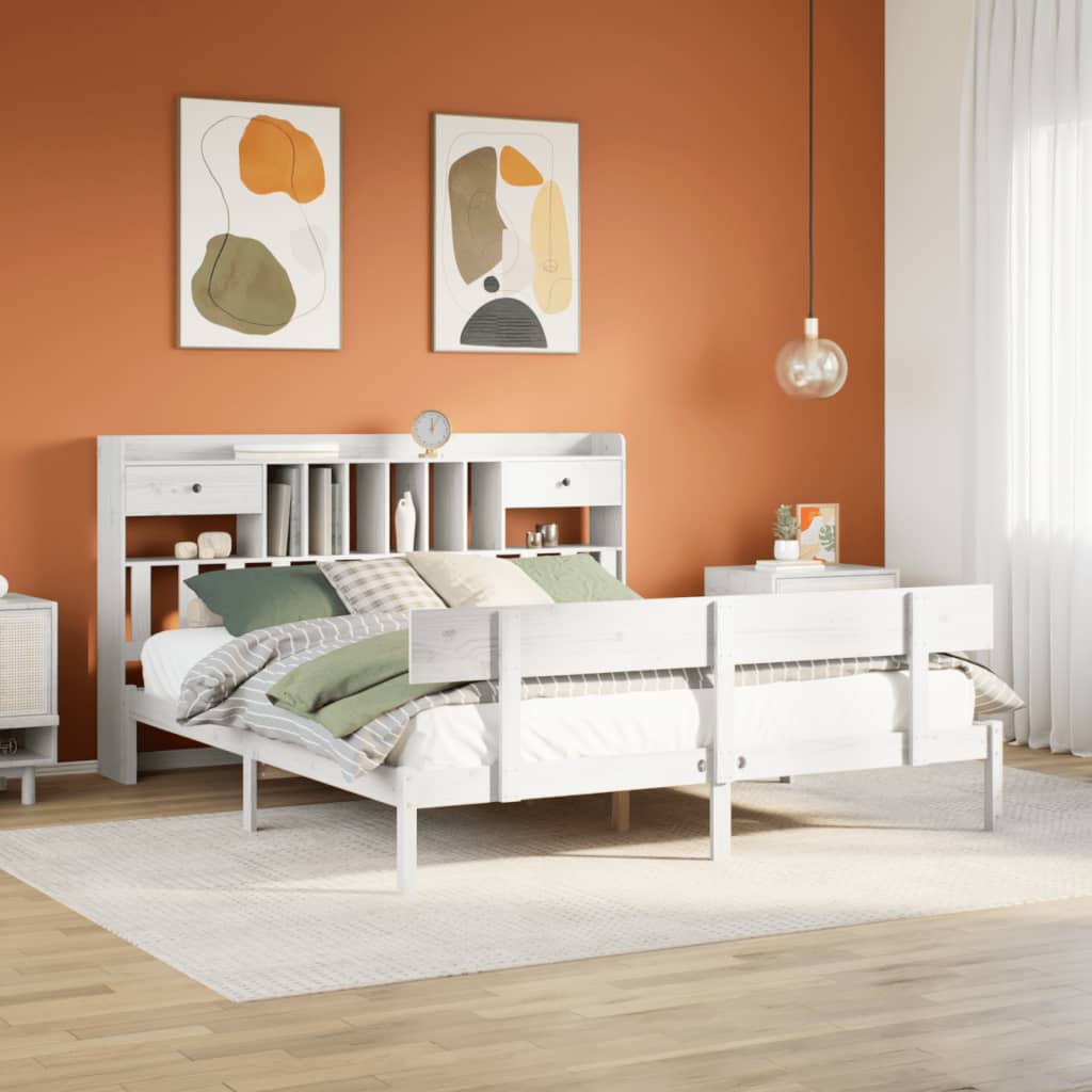 fehér tömör fenyőfa könyvespolcos ágy matrac nélkül 180x200 cm