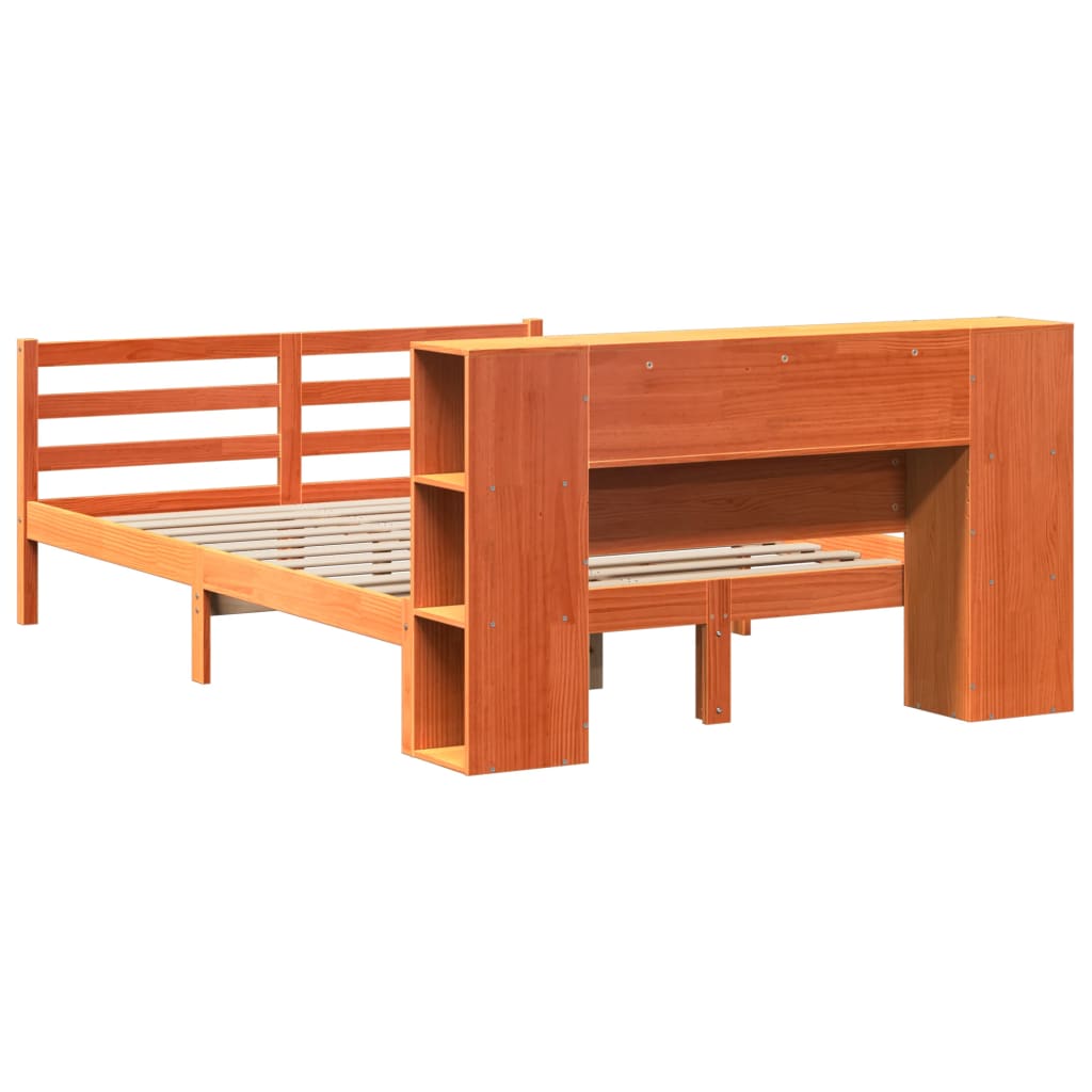 barna tömör fenyőfa könyvespolcos ágy matrac nélkül 135 x 190cm