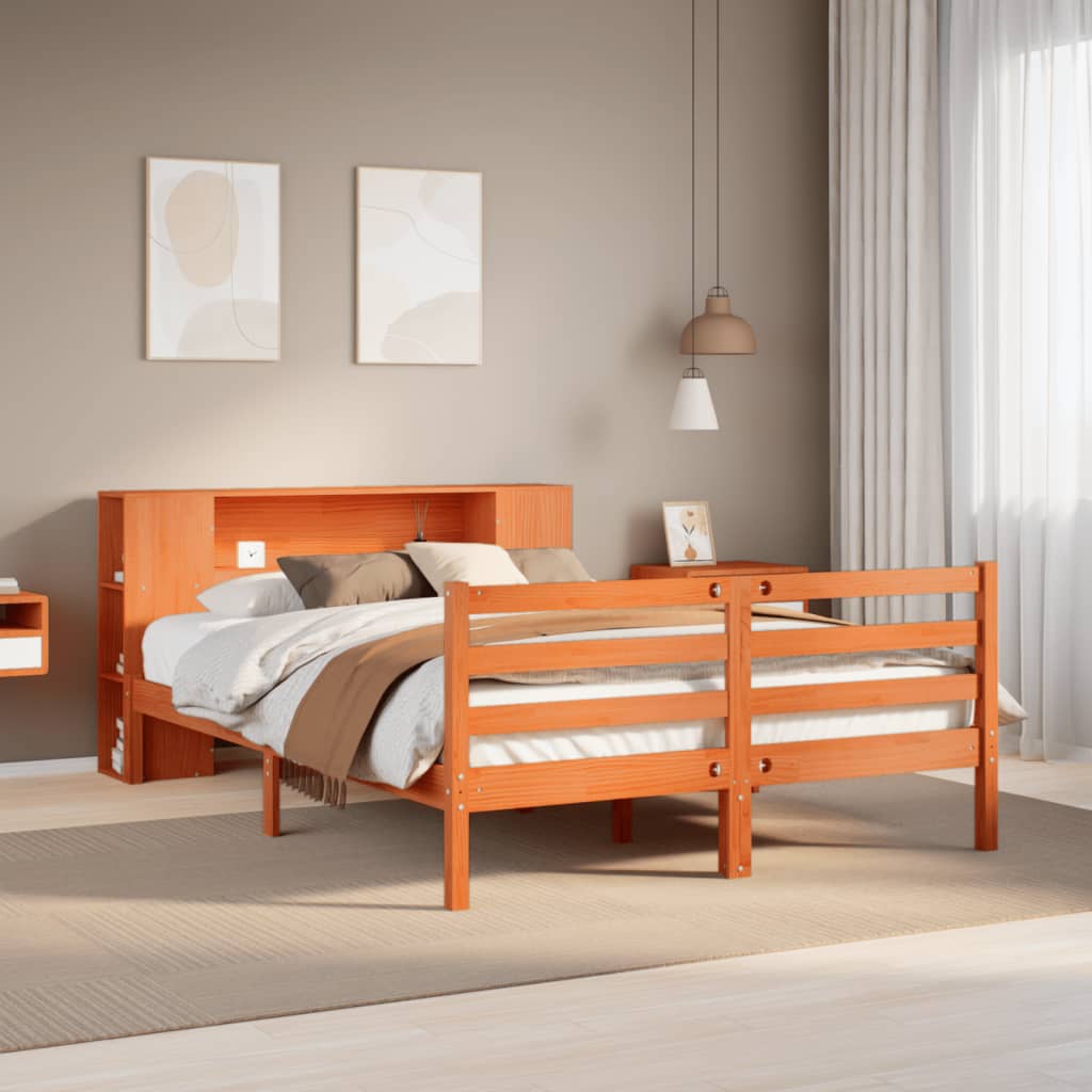 barna tömör fenyőfa könyvespolcos ágy matrac nélkül 135 x 190cm