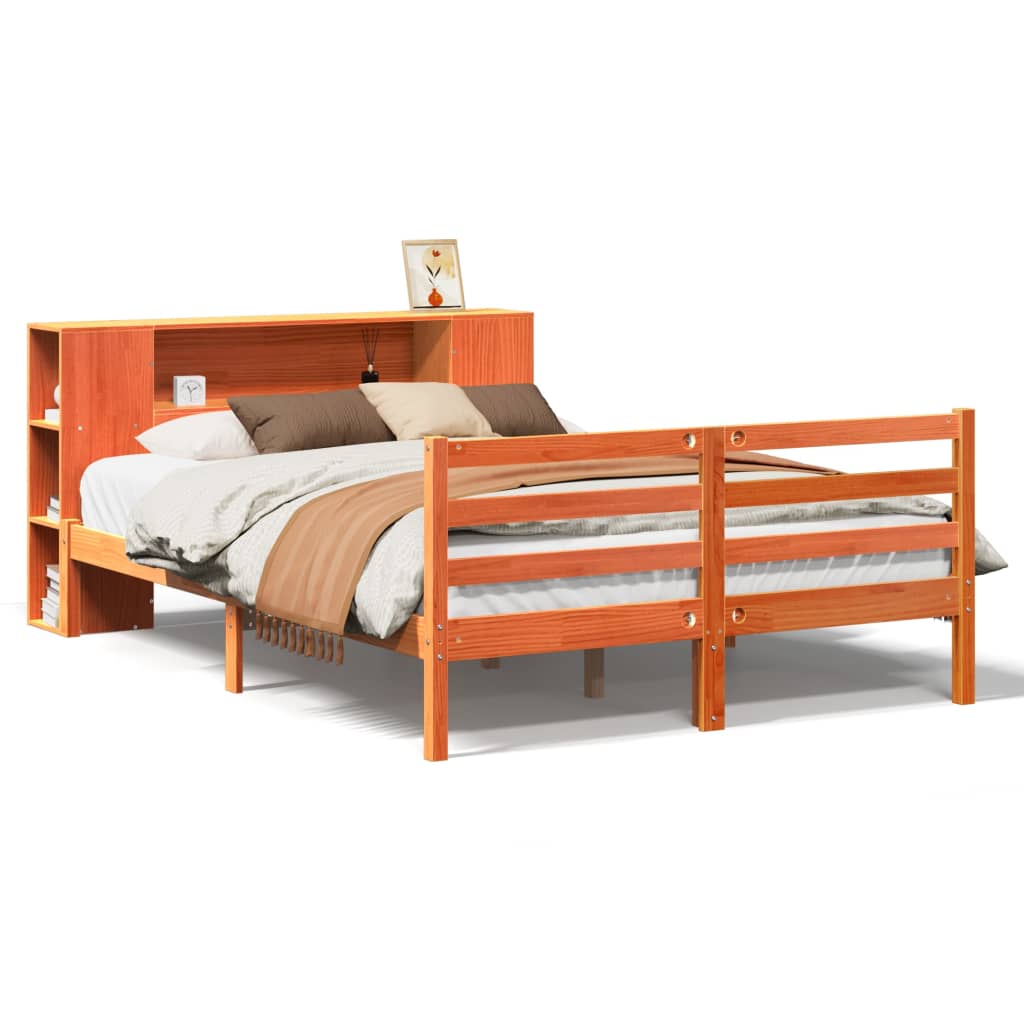 barna tömör fenyőfa könyvespolcos ágy matrac nélkül 140 x 190cm