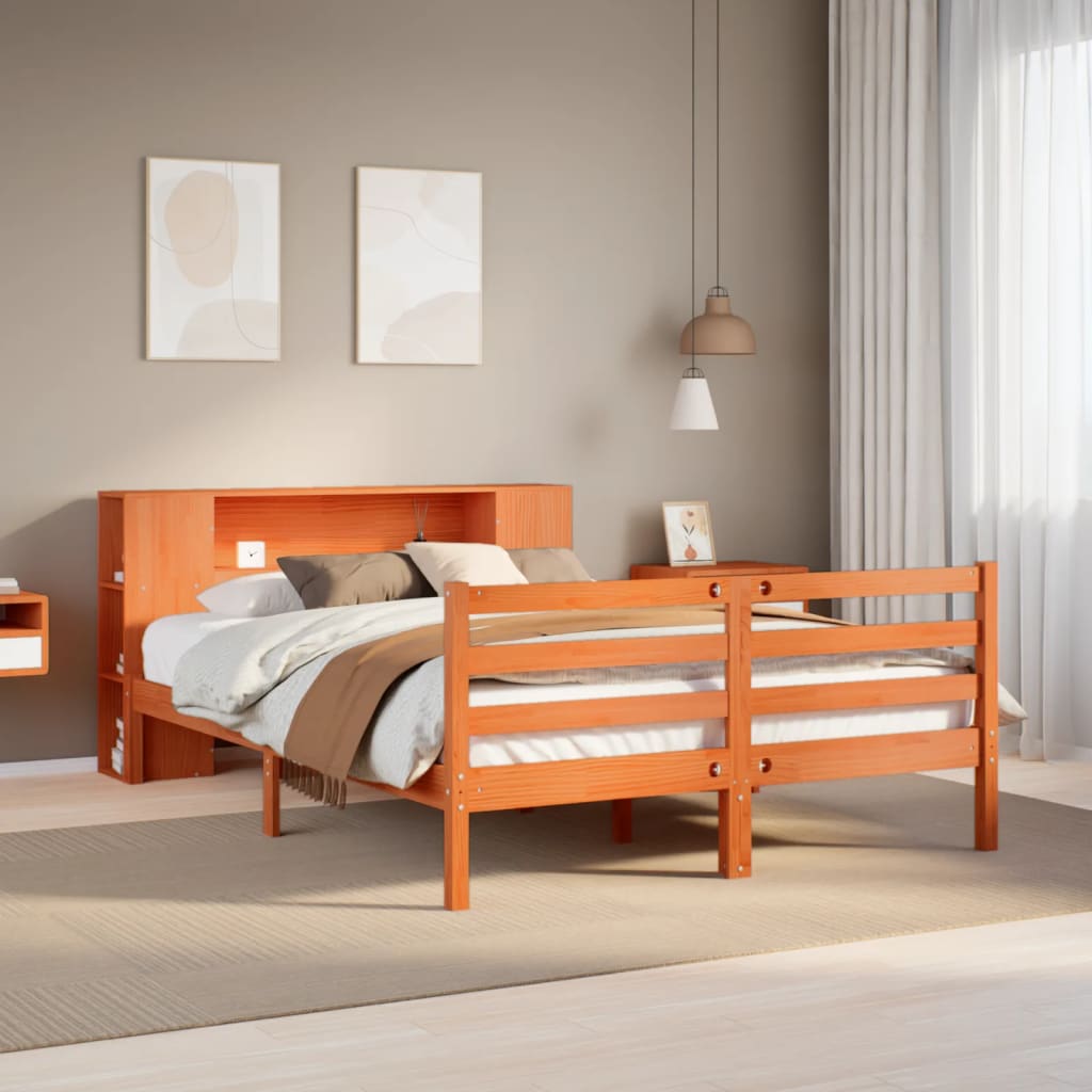 barna tömör fenyőfa könyvespolcos ágy matrac nélkül 140 x 190cm