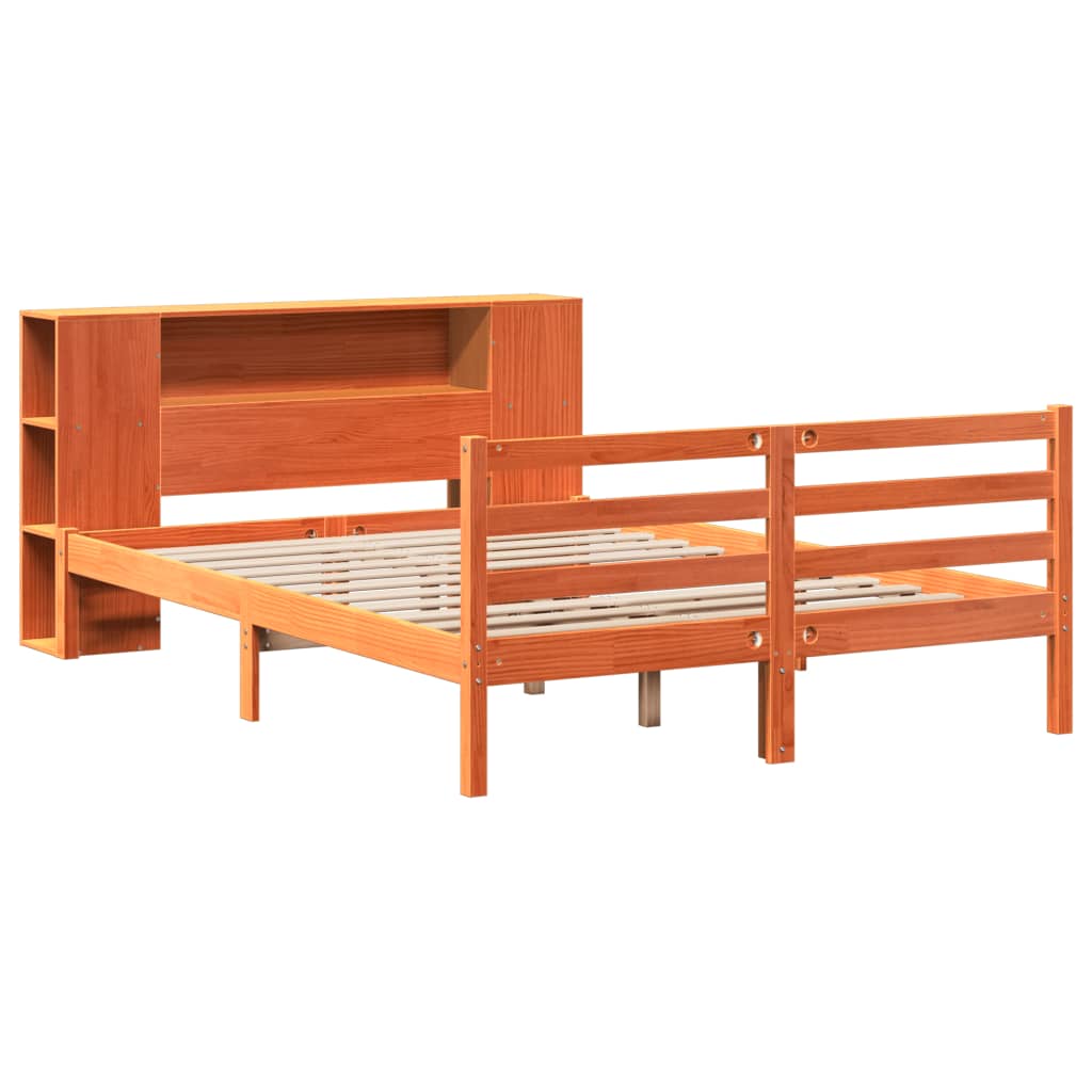 barna tömör fenyőfa könyvespolcos ágy matrac nélkül 140 x 200cm