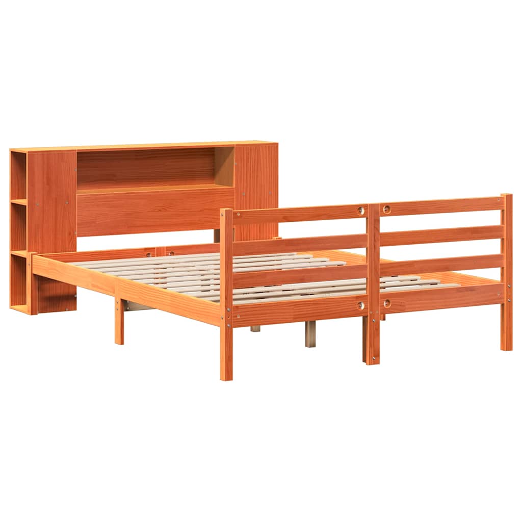 barna tömör fenyőfa könyvespolcos ágy matrac nélkül 150 x 200cm