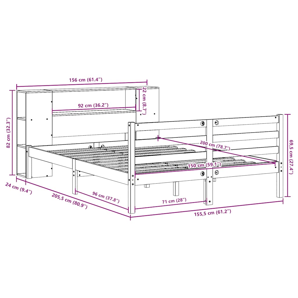 barna tömör fenyőfa könyvespolcos ágy matrac nélkül 150 x 200cm