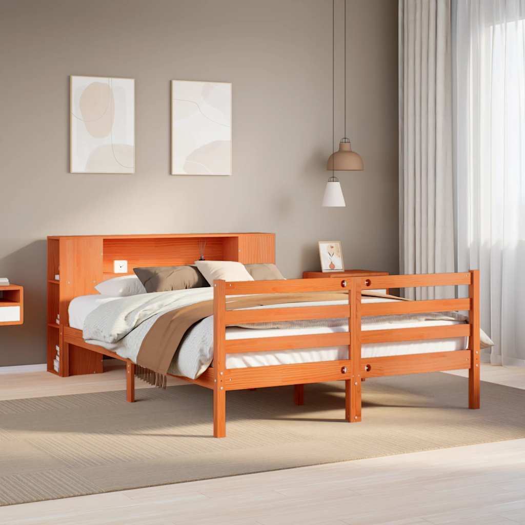 barna tömör fenyőfa könyvespolcos ágy matrac nélkül 150 x 200cm
