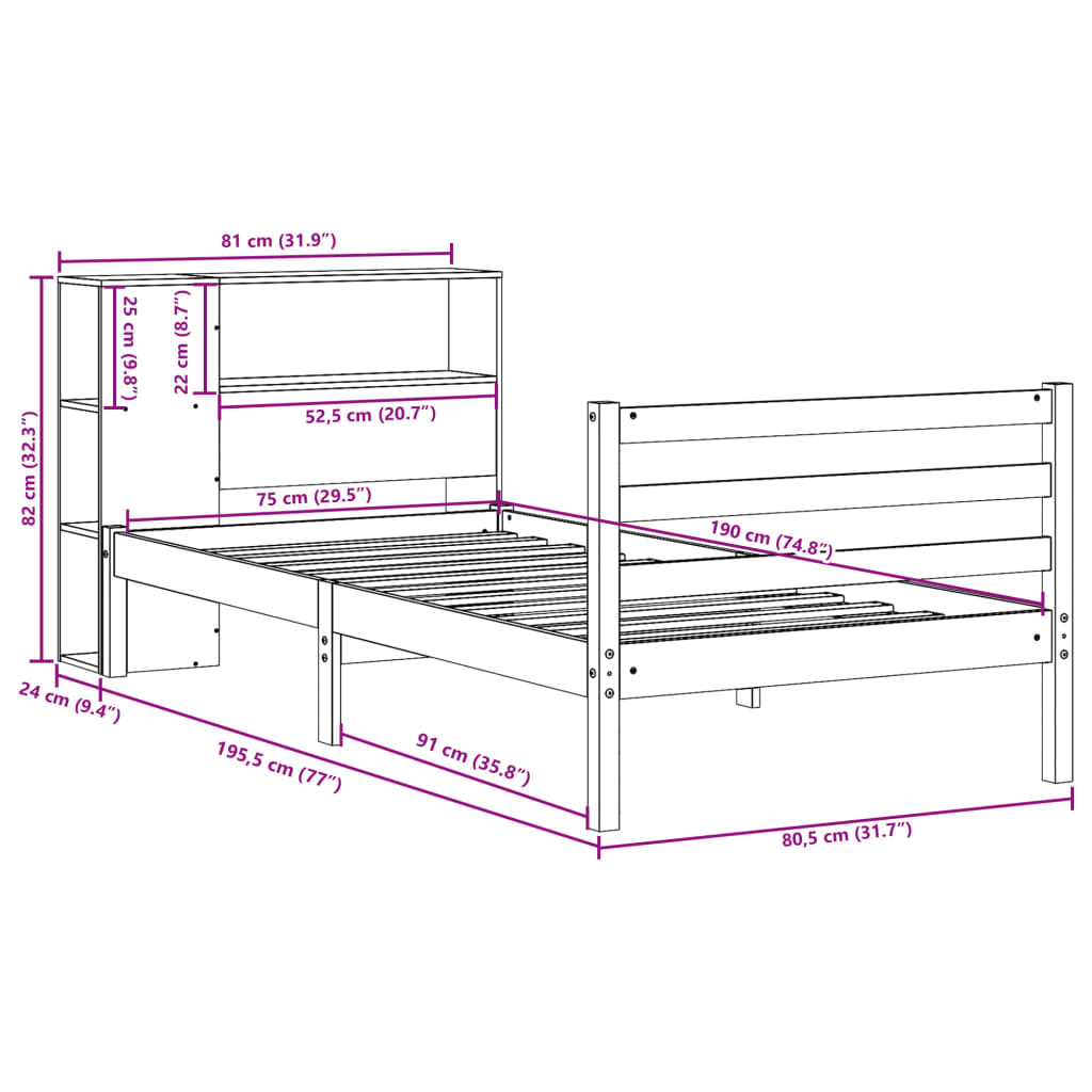 fehér tömör fenyőfa könyvespolcos ágy matrac nélkül 75 x 190 cm