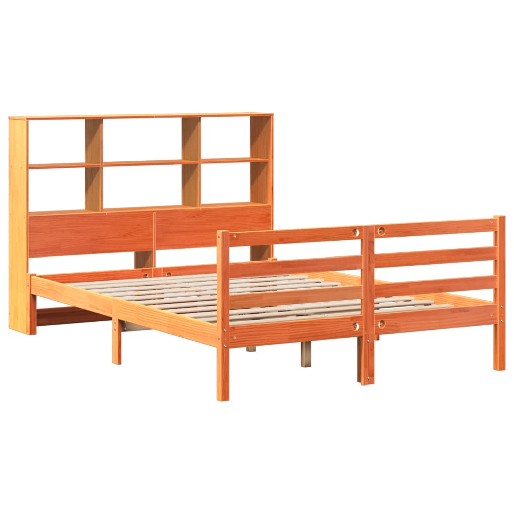 viaszbarna tömör fa könyvespolcos ágy matrac nélkül 140 x 190cm