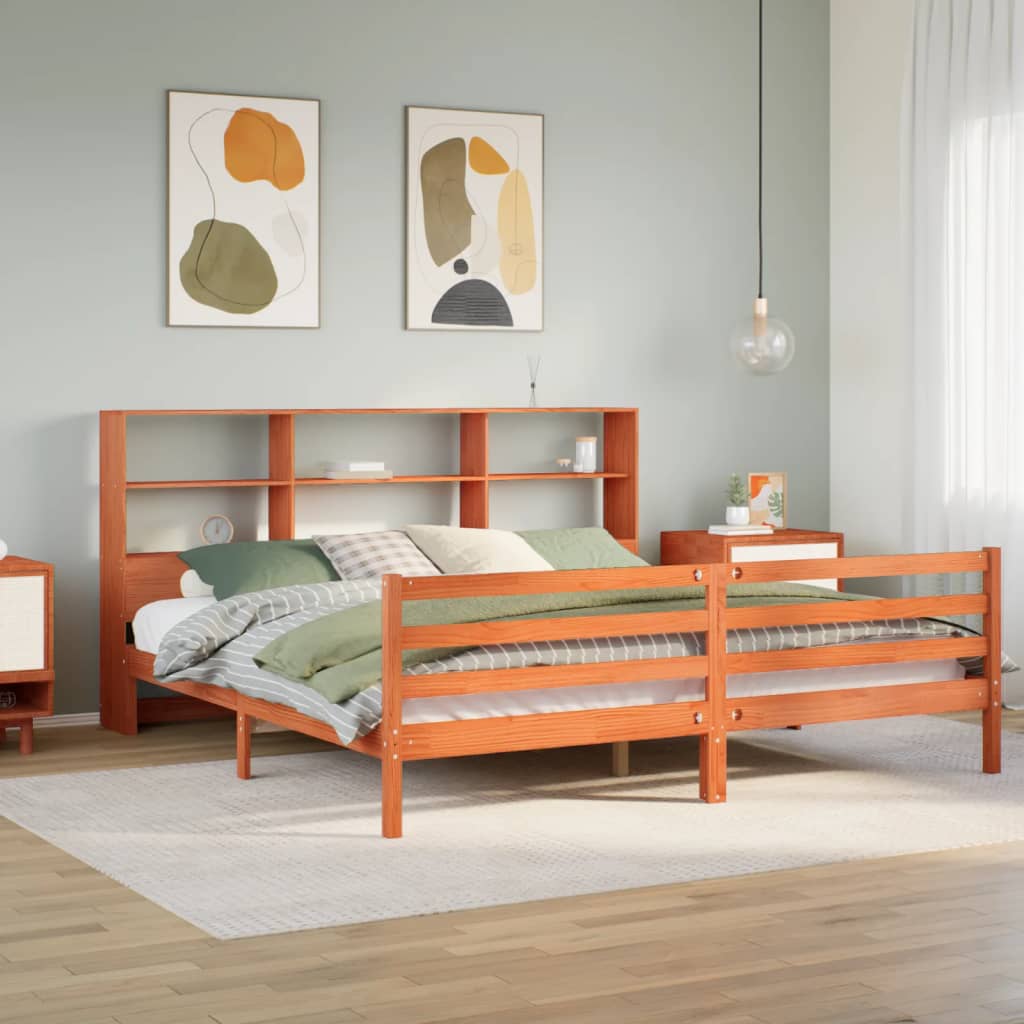 viaszbarna tömör fa könyvespolcos ágy matrac nélkül 180 x 200cm