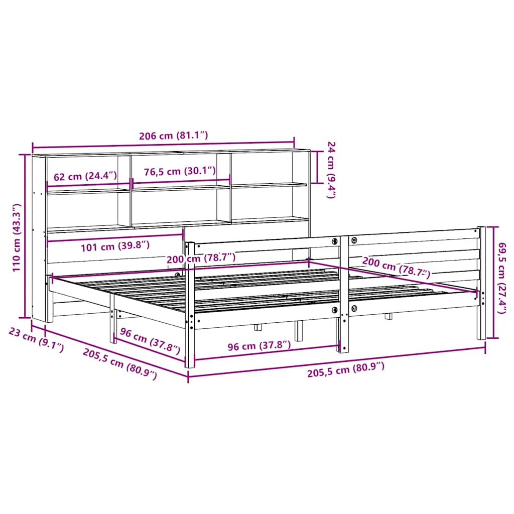 viaszbarna tömör fa könyvespolcos ágy matrac nélkül 200 x 200cm