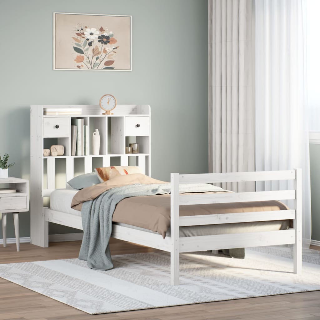 fehér tömör fenyőfa könyvespolcos ágy matrac nélkül 75 x 190 cm