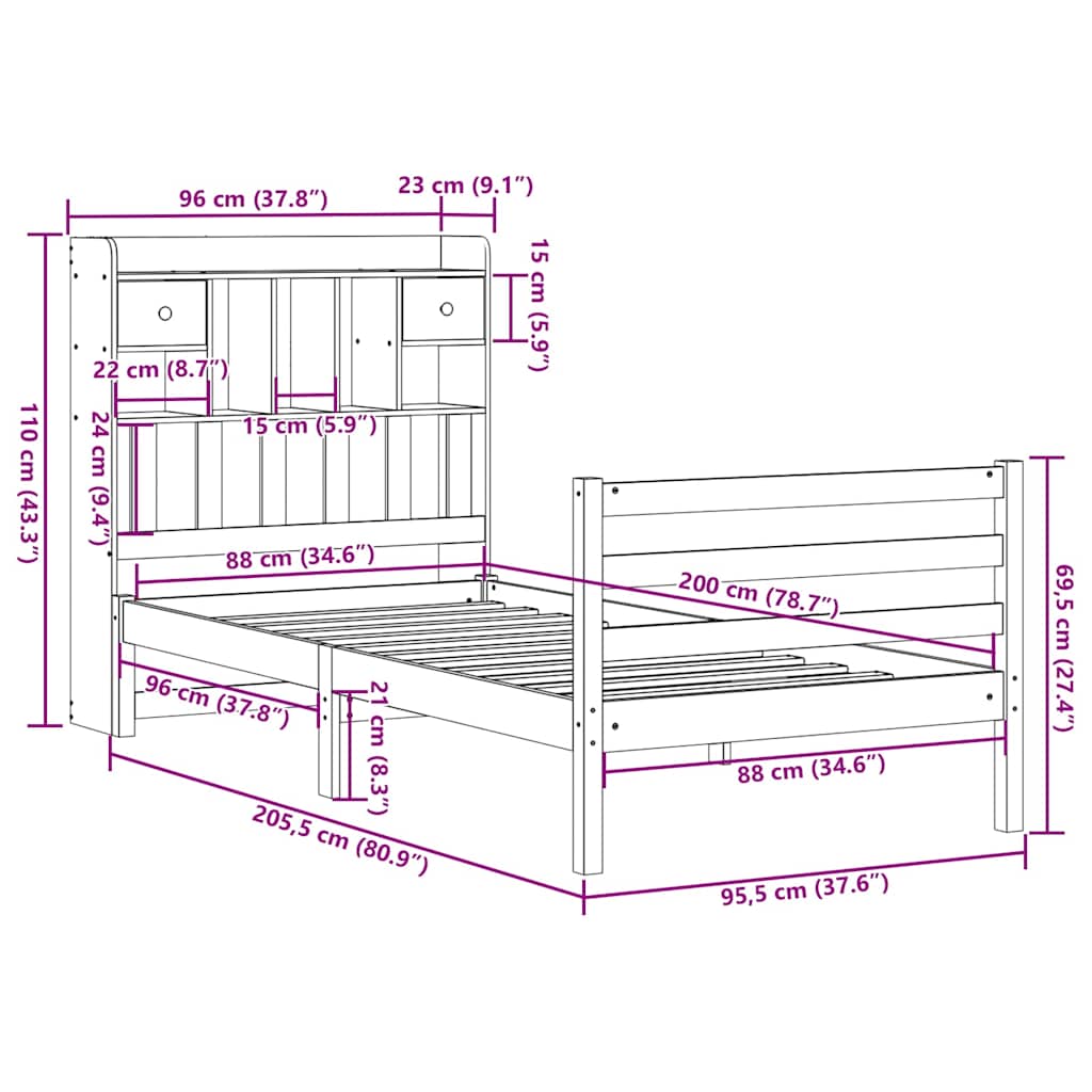 tömör fenyőfa könyvespolcos ágy matrac nélkül 90 x 200 cm