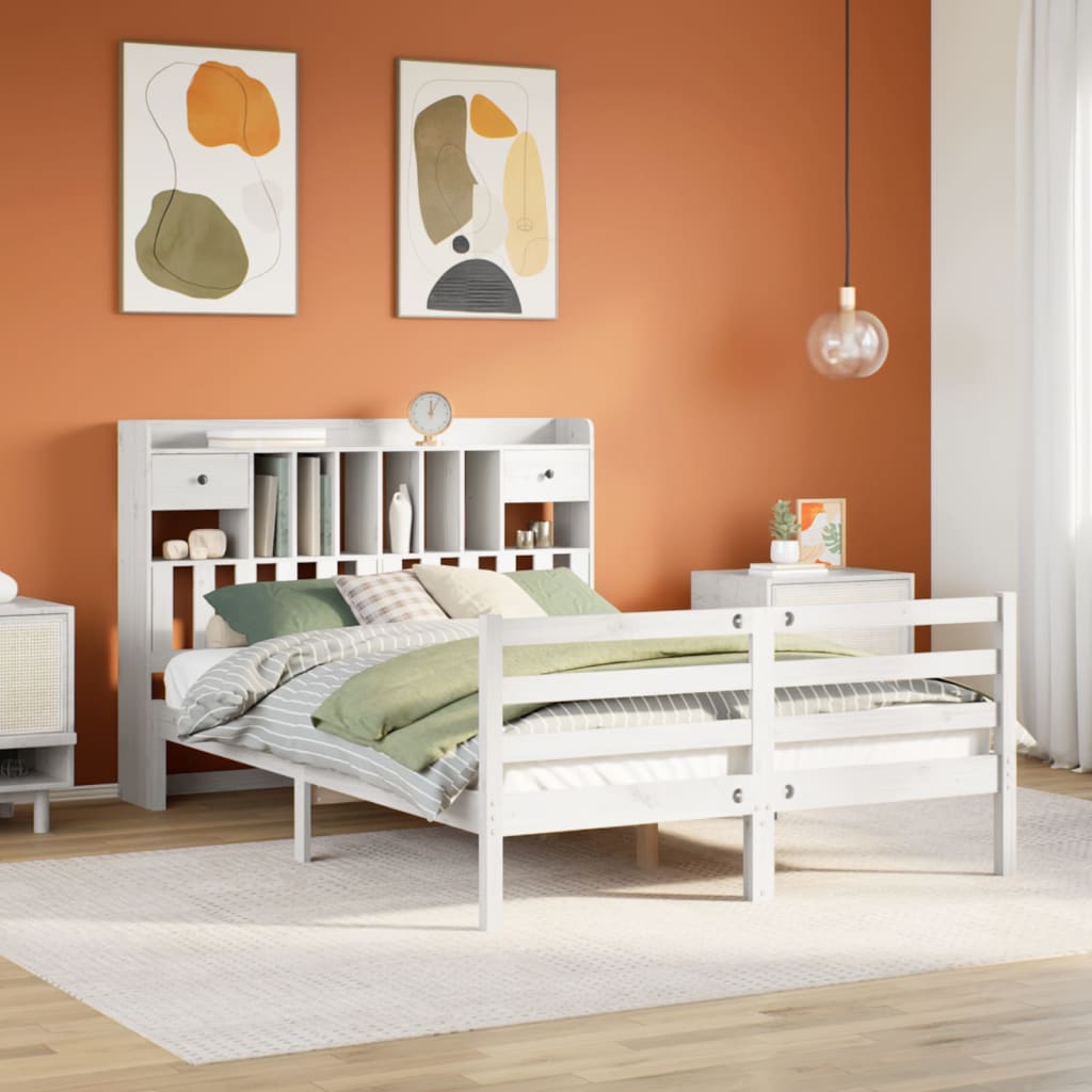 fehér tömör fenyőfa könyvespolcos ágy matrac nélkül 140x200 cm