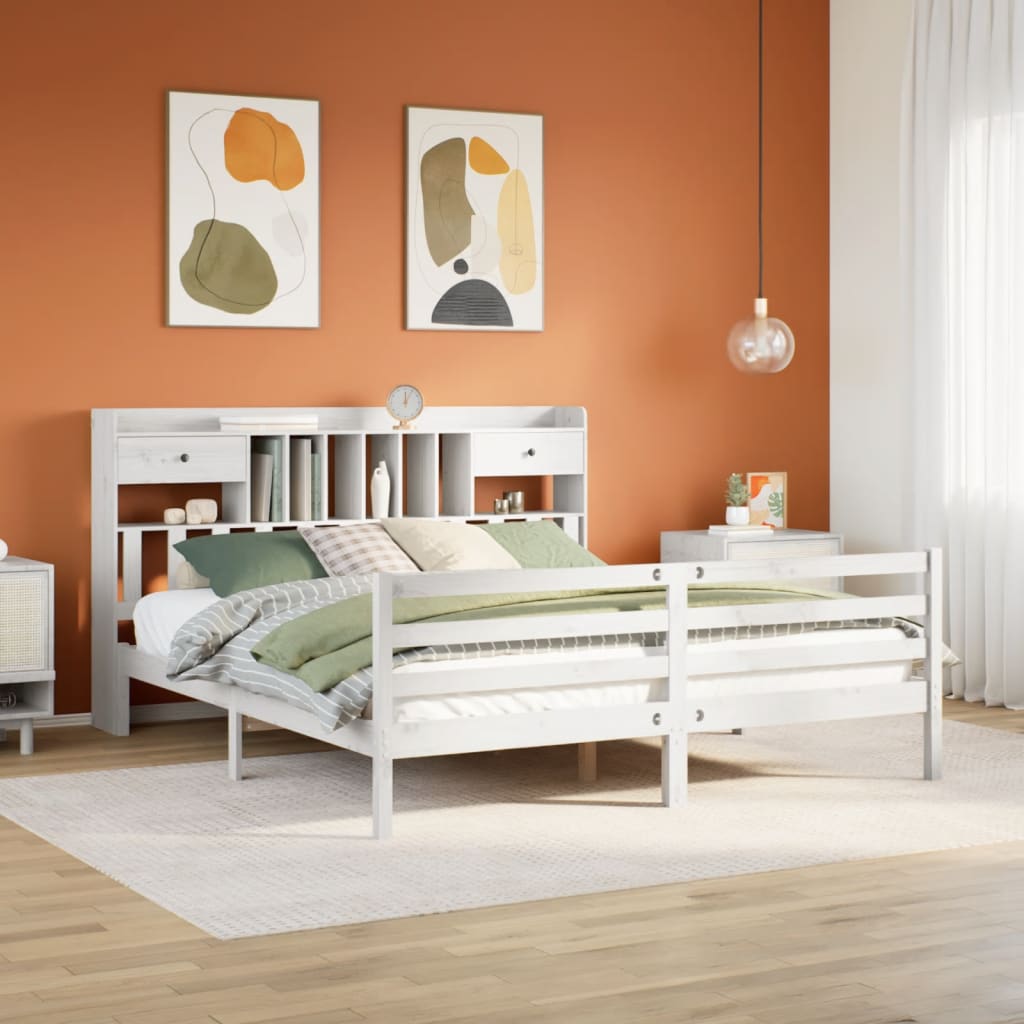 fehér tömör fenyőfa könyvespolcos ágy matrac nélkül 180x200 cm